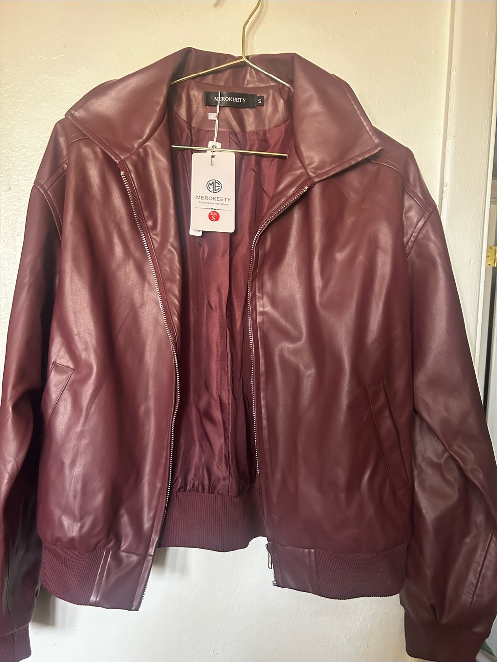 MEROCKETY Women's Maroon Faux Leather Bomber Jacket